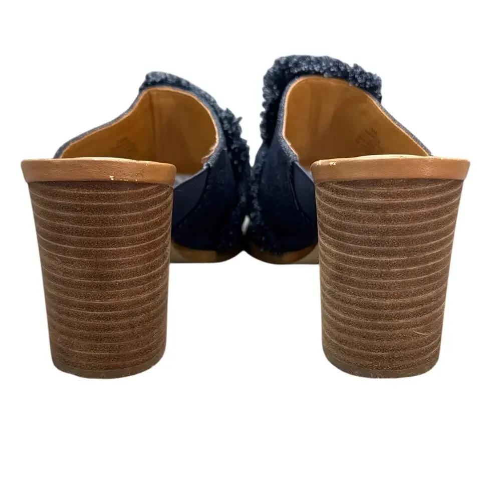 Nine West Byron Denim Fringe Bow Slide Block Heel Sandals Women 10